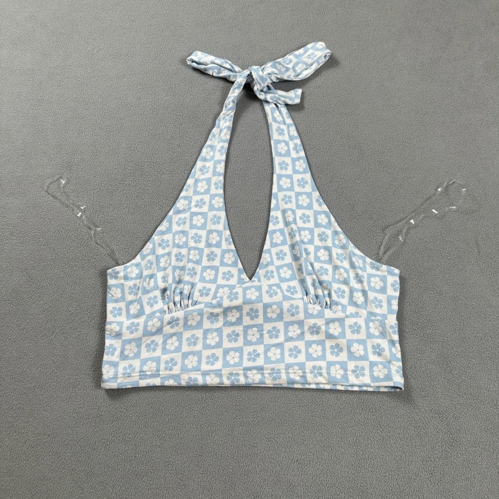 RSQ Halter Crop Top XL Blue White Checkerboard Flower Print Tie Neck Tank NWOT
